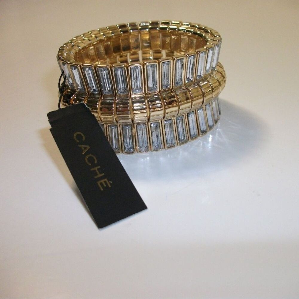 Cache Gold Crystal baguette Crystal Wide Stretch Bracelet NWT 58